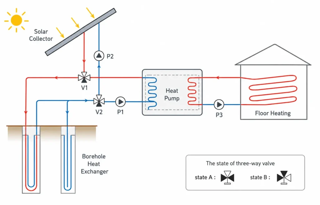Diagram of a dual-source system combining PVT and geothermal heat exchanger on a shared water circuit