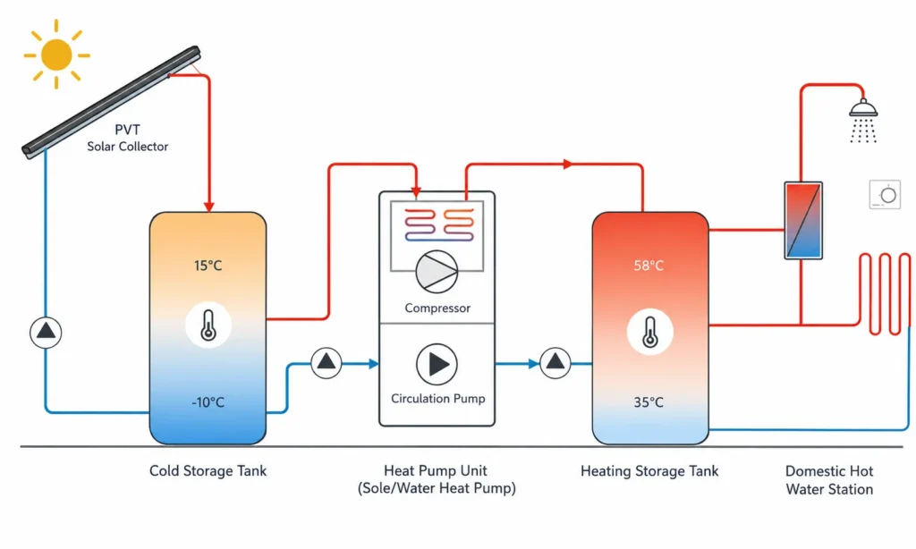 Diagram showing PVT brine circuit connected to a dual-coil preheating tank ahead of an existing air source heat pump