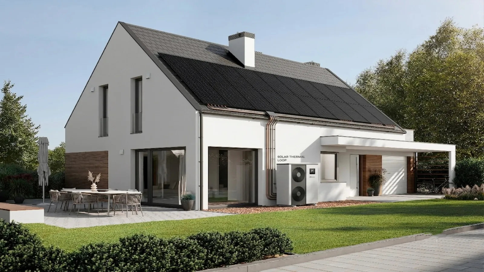 Direct expansion PVT collector connected to a refrigerant-based heat pump system for residential heating and domestic hot water production.