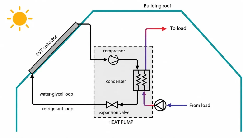 Diagram showing how a PVT collector generates electricity and recovers thermal energy for heat pump integration