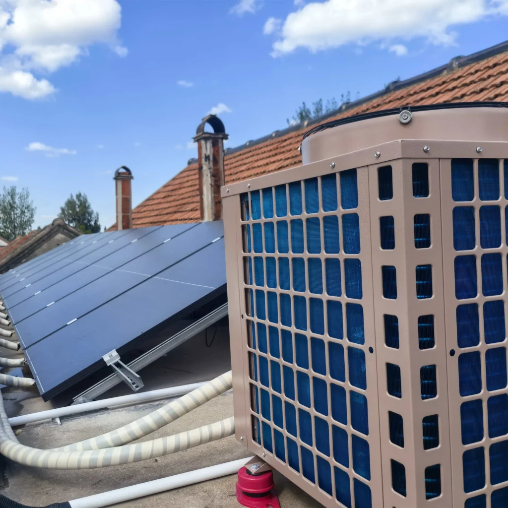 8-panel direct expansion PVT array on a residential rooftop, used as a solar hot water system
