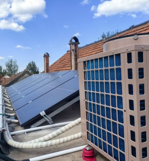 Projects Residential PVT solar panels connected to heat pump system installed on house rooftop for hot water and heating