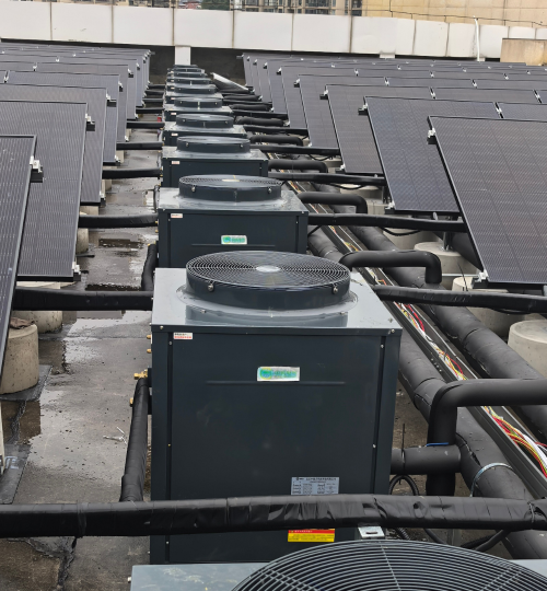 Projects PVT solar heat pump system installed on hotel rooftop producing 60 tons of hot water per day above 60°C